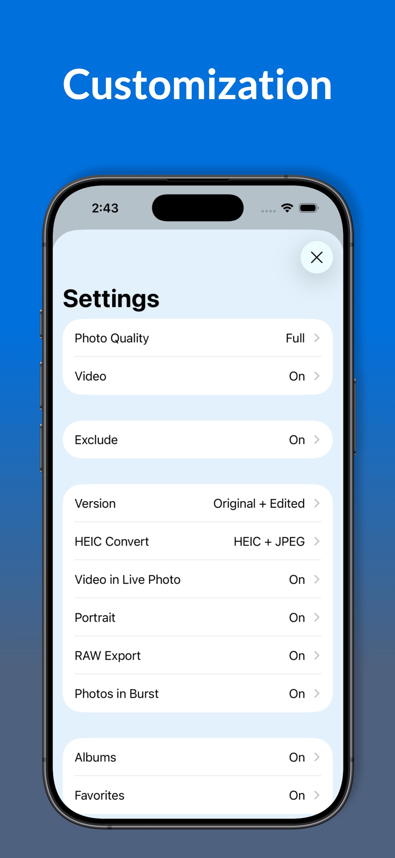Custom settings for QNAP photo backup including 2FA and folder selection